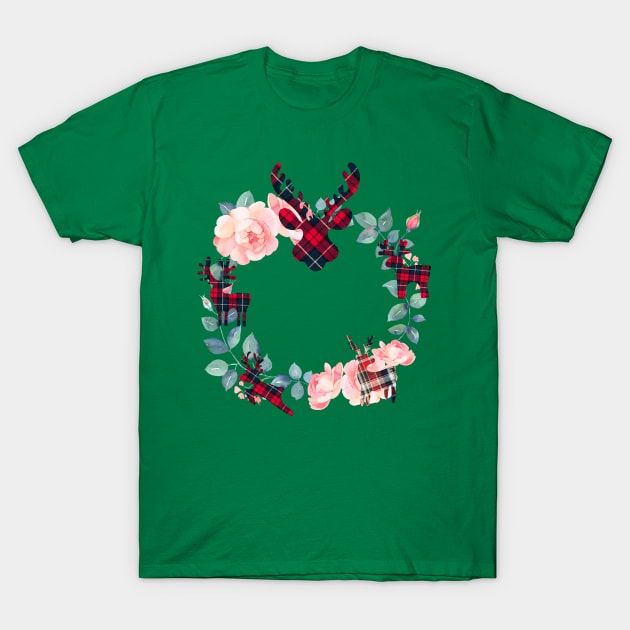 Christmas Reindeer Wreath (flowers and plaid) T-Shirt by PersianFMts